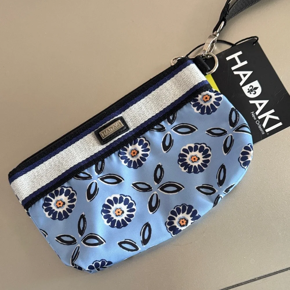 Haakii Light Blue Floral Wristlet Clutch with Striped Trim